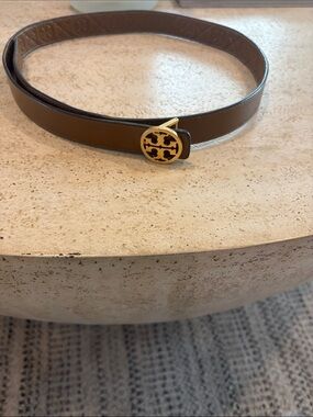 Tory Burch Brown Leather Belt with Gold Logo Buckle